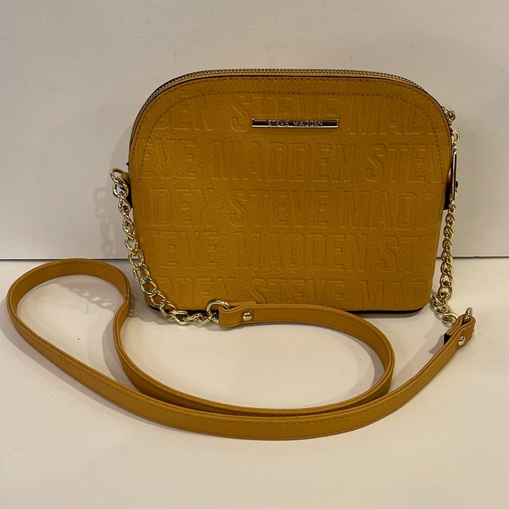 Steve Madden cross body purse faux leather yellow embossed spell out handbag